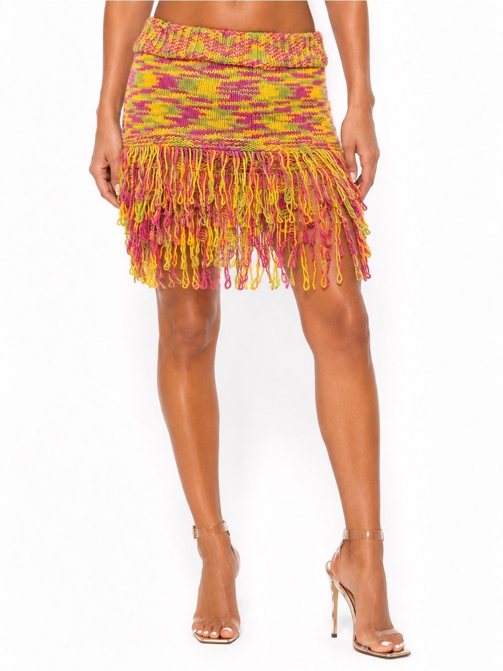 AKIRA Pink Multi Knit Fringe Mini Skirt Boho Festival Statement Skirt - Picture 1 of 6